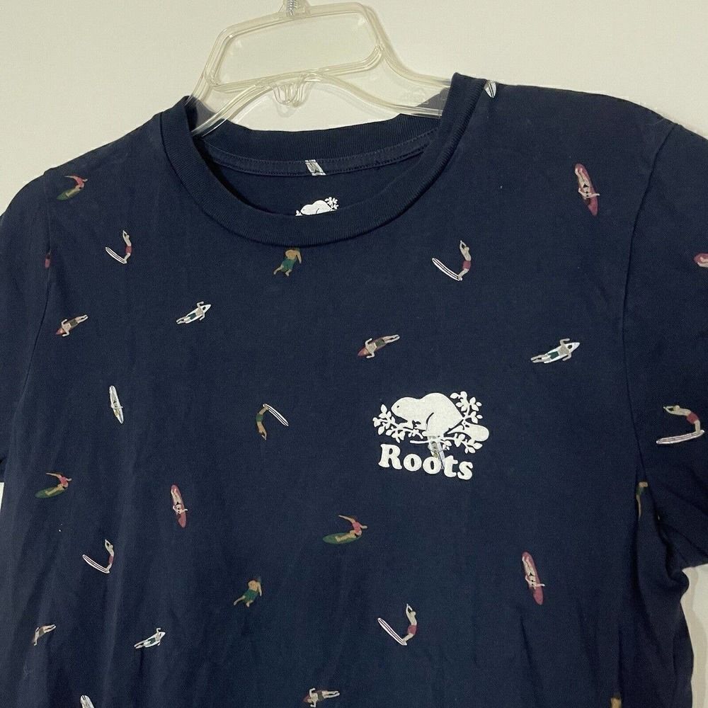 ROOTS Short sleeve crew neck navy blue surfers print logo shirt size small - Picture 2 of 5